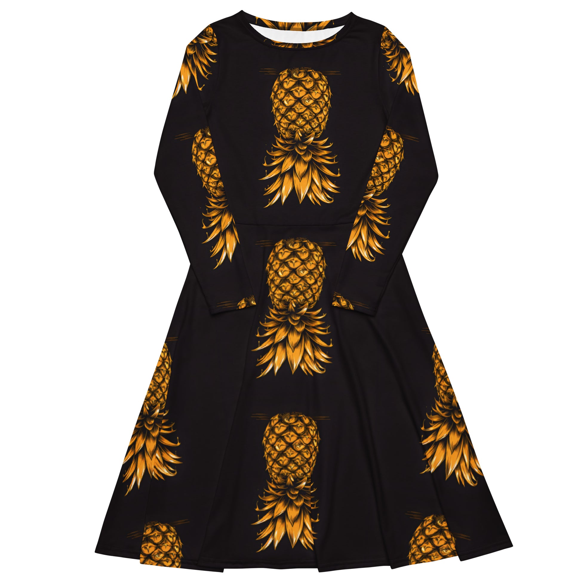 Gold Pineapple Dress Pineapple Dress All-over print long sleeve midi dress Designs by Santori Amore Gold Pineapple Dress Pineapple Dress All-over print long sleeve midi dress Designs by Santori Amore
